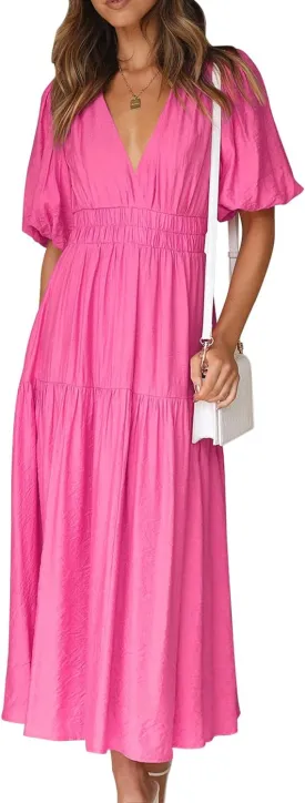 MessBebe Maxi Dress Puffy Sleeve V Neck High Waist A-Line Flowy Wrap Sun Wedding Guest Long Dresses for Women