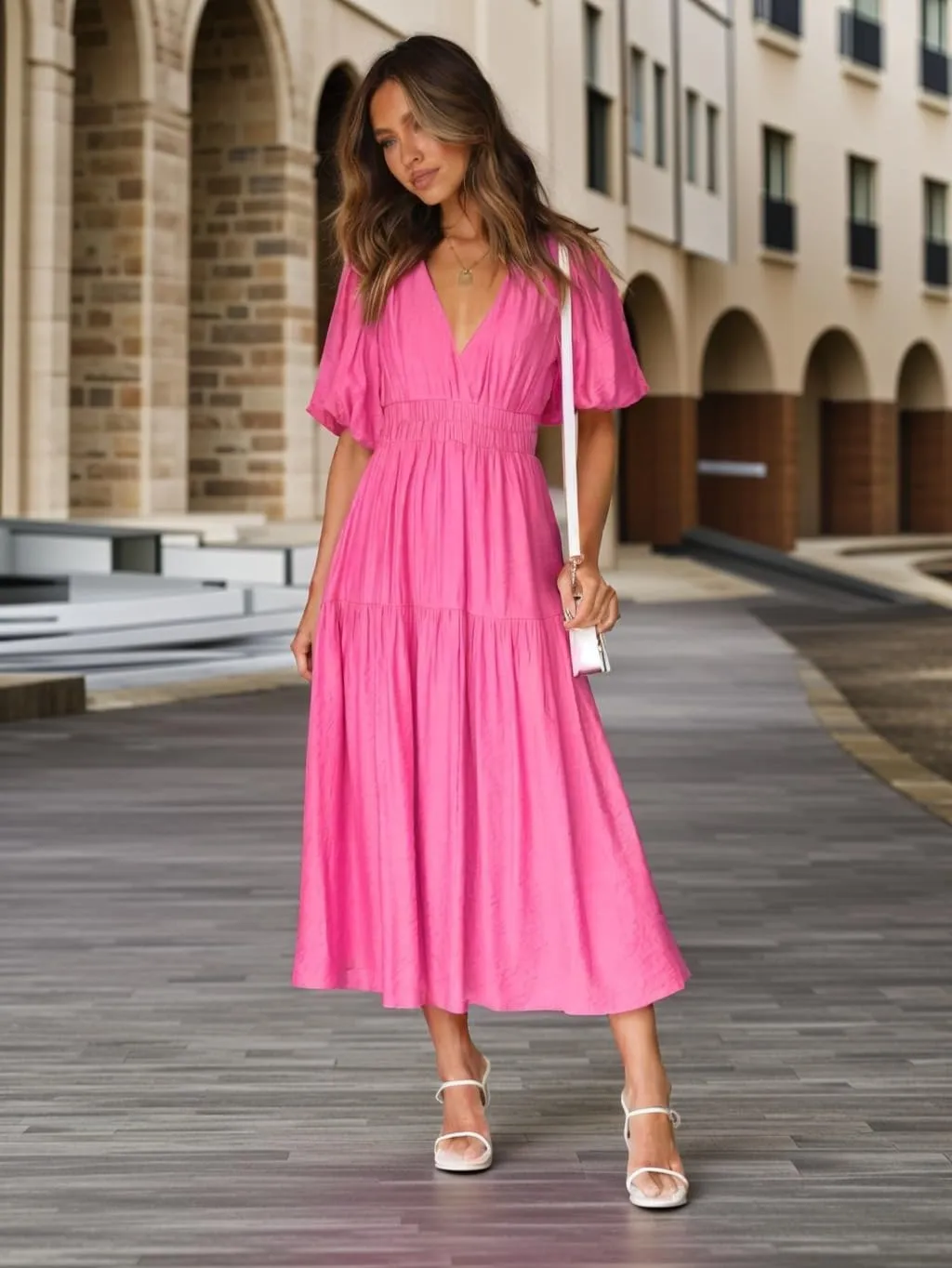 MessBebe Maxi Dress Puffy Sleeve V Neck High Waist A-Line Flowy Wrap Sun Wedding Guest Long Dresses for Women