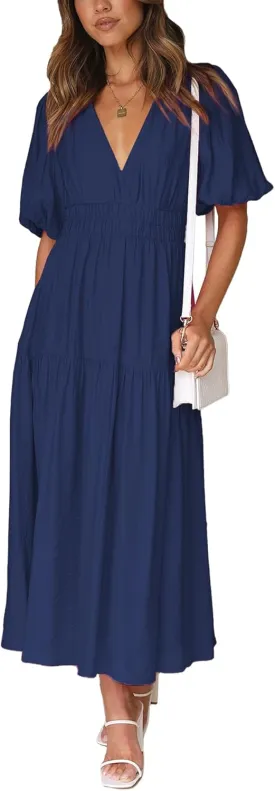 MessBebe Maxi Dress Puffy Sleeve V Neck High Waist A-Line Flowy Wrap Sun Wedding Guest Long Dresses for Women