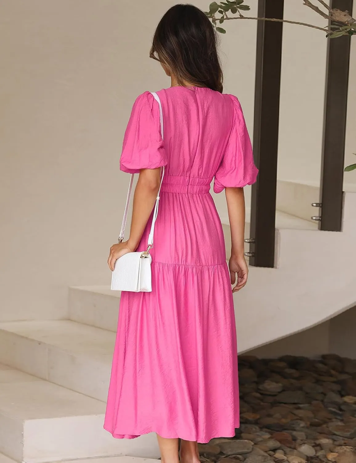 MessBebe Maxi Dress Puffy Sleeve V Neck High Waist A-Line Flowy Wrap Sun Wedding Guest Long Dresses for Women