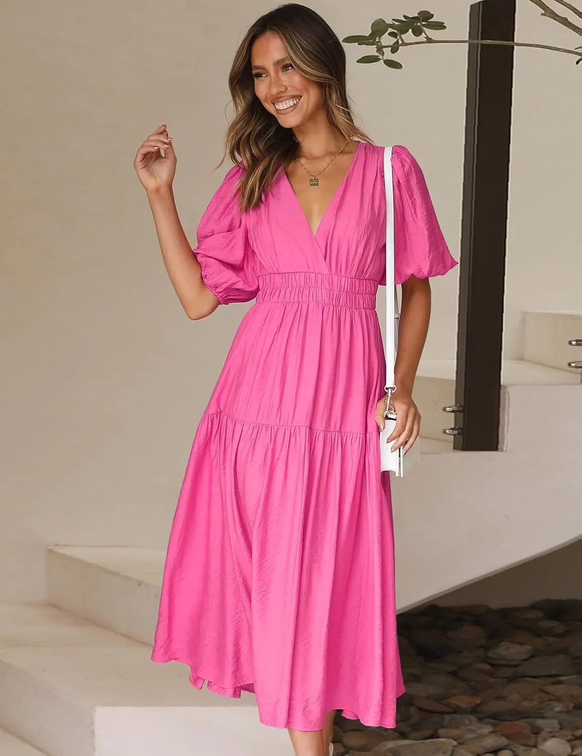 MessBebe Maxi Dress Puffy Sleeve V Neck High Waist A-Line Flowy Wrap Sun Wedding Guest Long Dresses for Women
