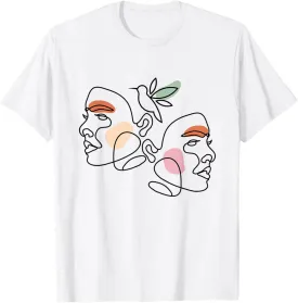 Minimalist Abstract: Women Faces and Bird Abstract Line Art T-Shirt