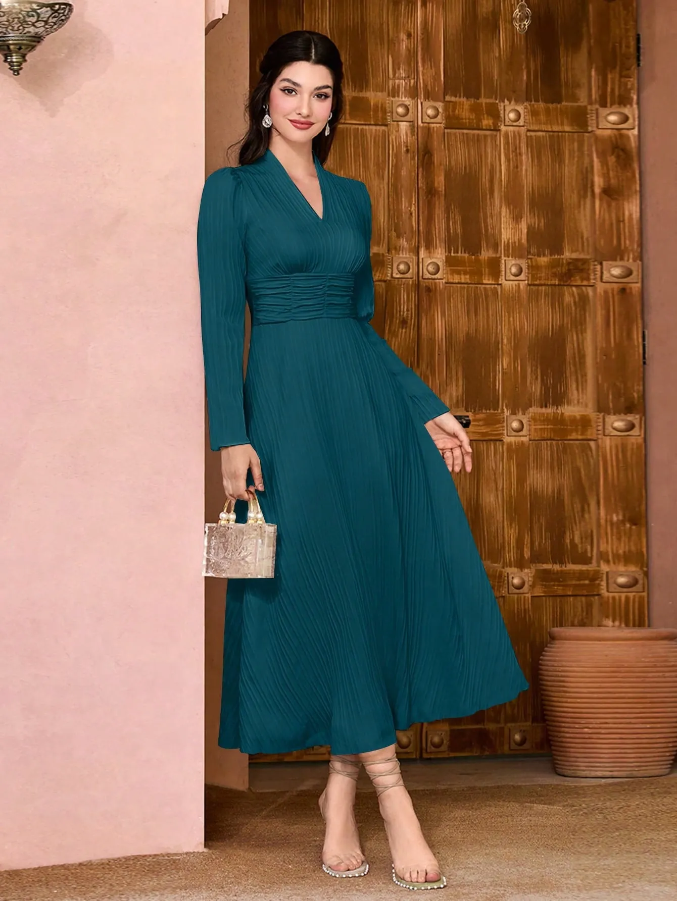 Modely Solid Surplice Neck Ruched Waist Dress