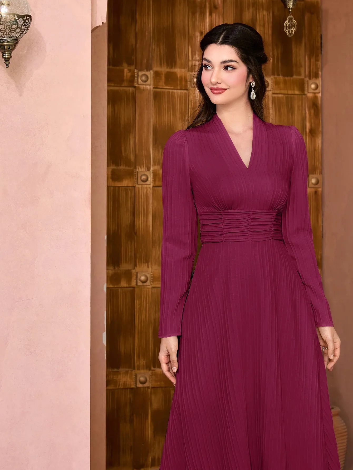 Modely Solid Surplice Neck Ruched Waist Dress