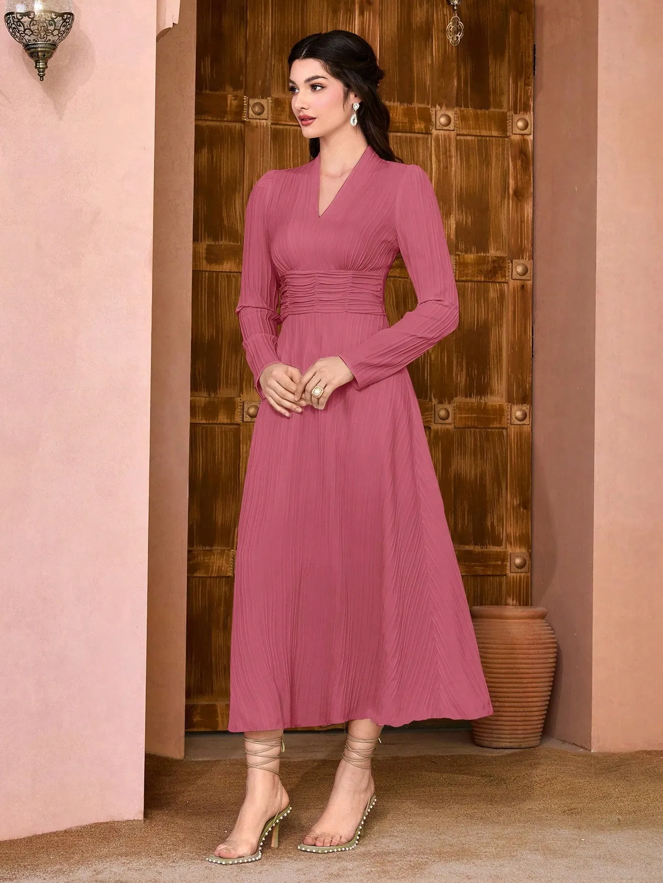 Modely Solid Surplice Neck Ruched Waist Dress