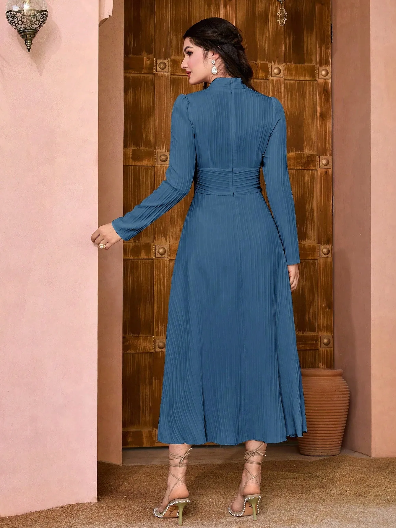 Modely Solid Surplice Neck Ruched Waist Dress