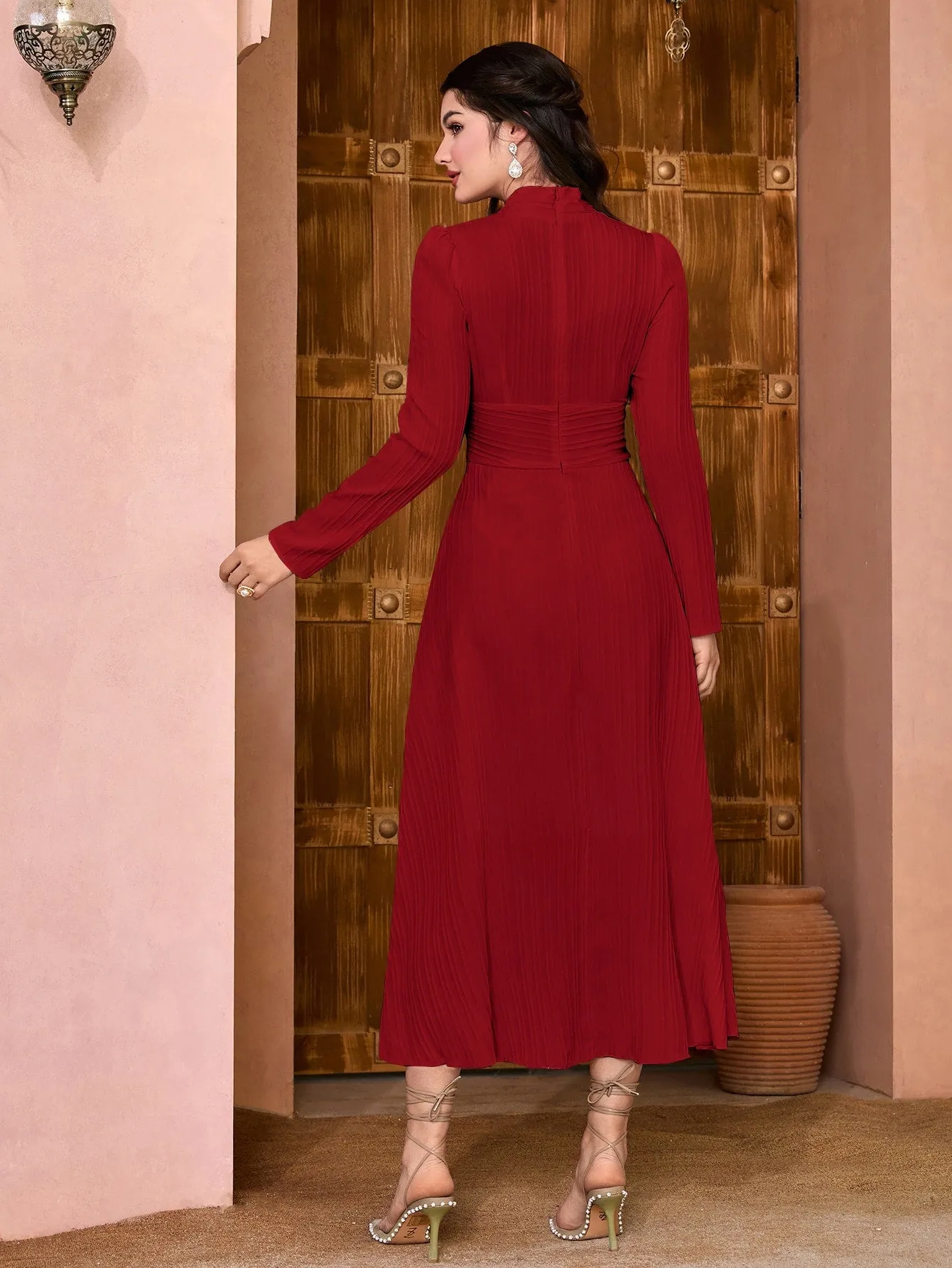 Modely Solid Surplice Neck Ruched Waist Dress