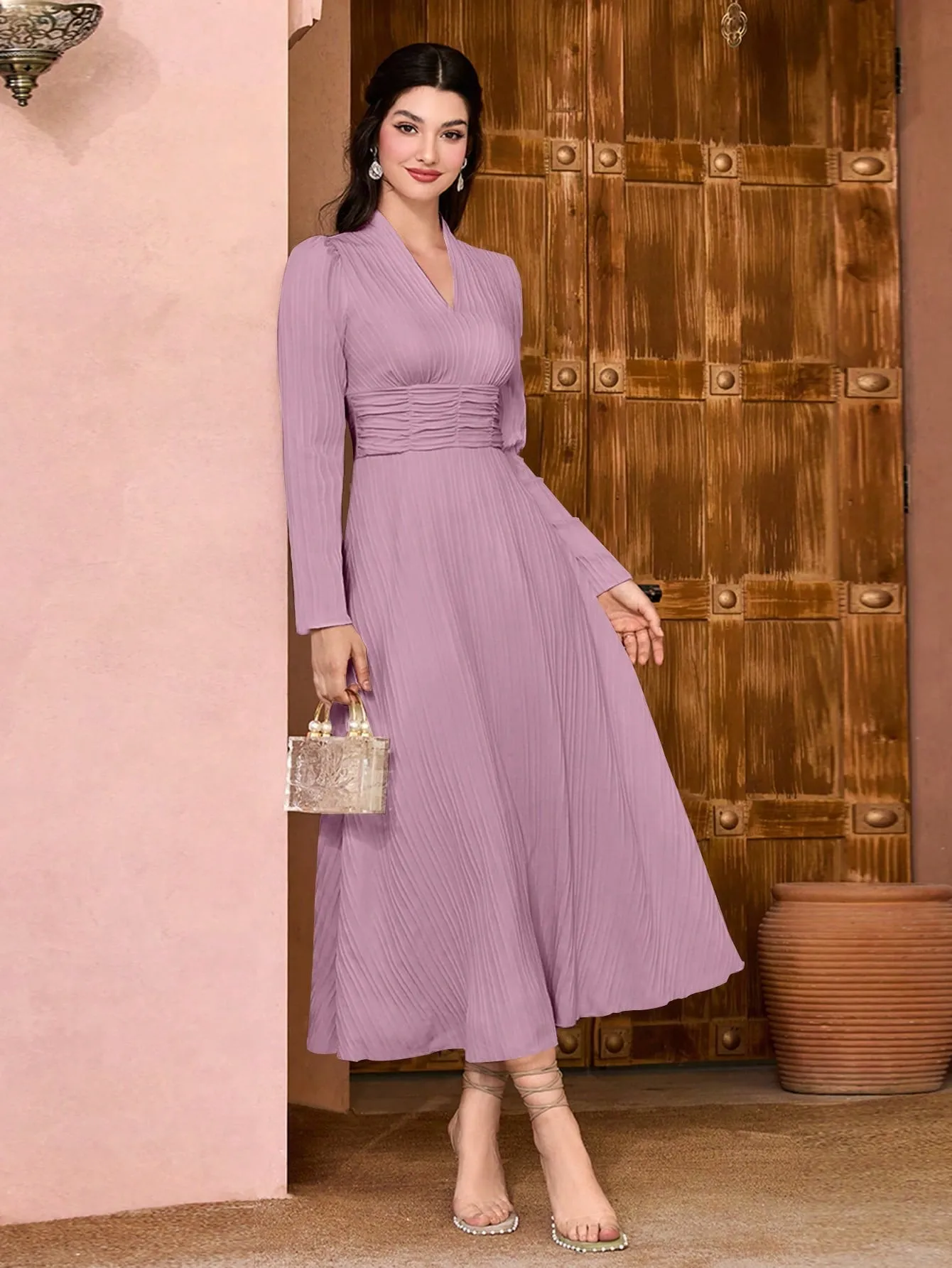 Modely Solid Surplice Neck Ruched Waist Dress