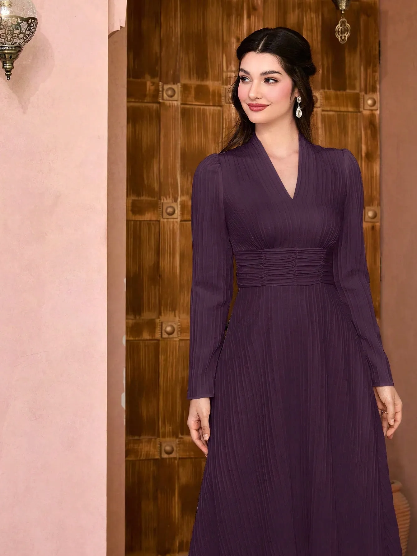 Modely Solid Surplice Neck Ruched Waist Dress