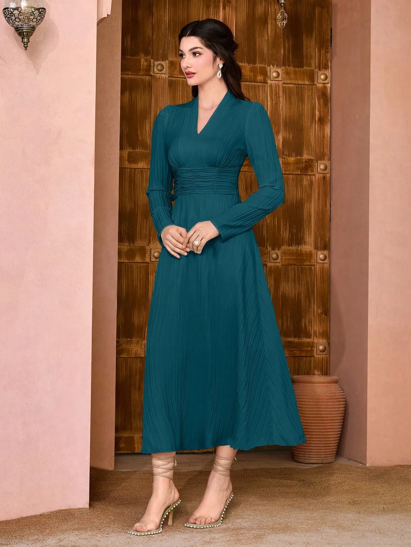 Modely Solid Surplice Neck Ruched Waist Dress