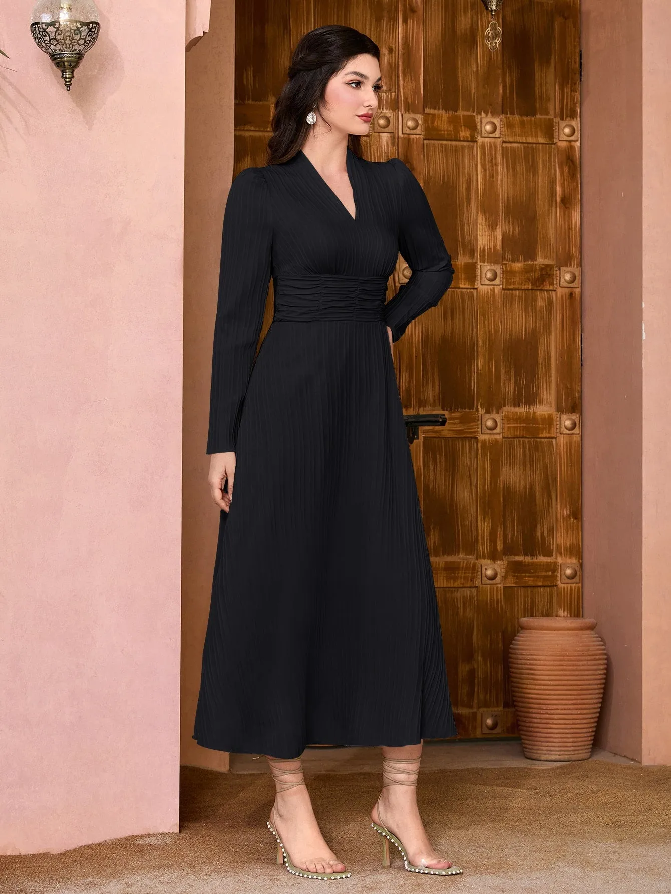 Modely Solid Surplice Neck Ruched Waist Dress