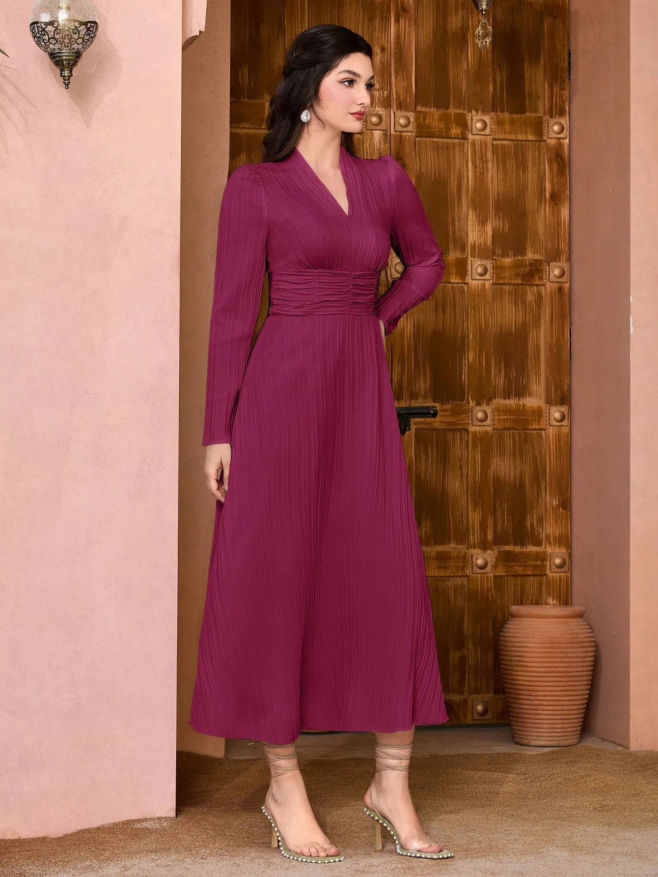 Modely Solid Surplice Neck Ruched Waist Dress