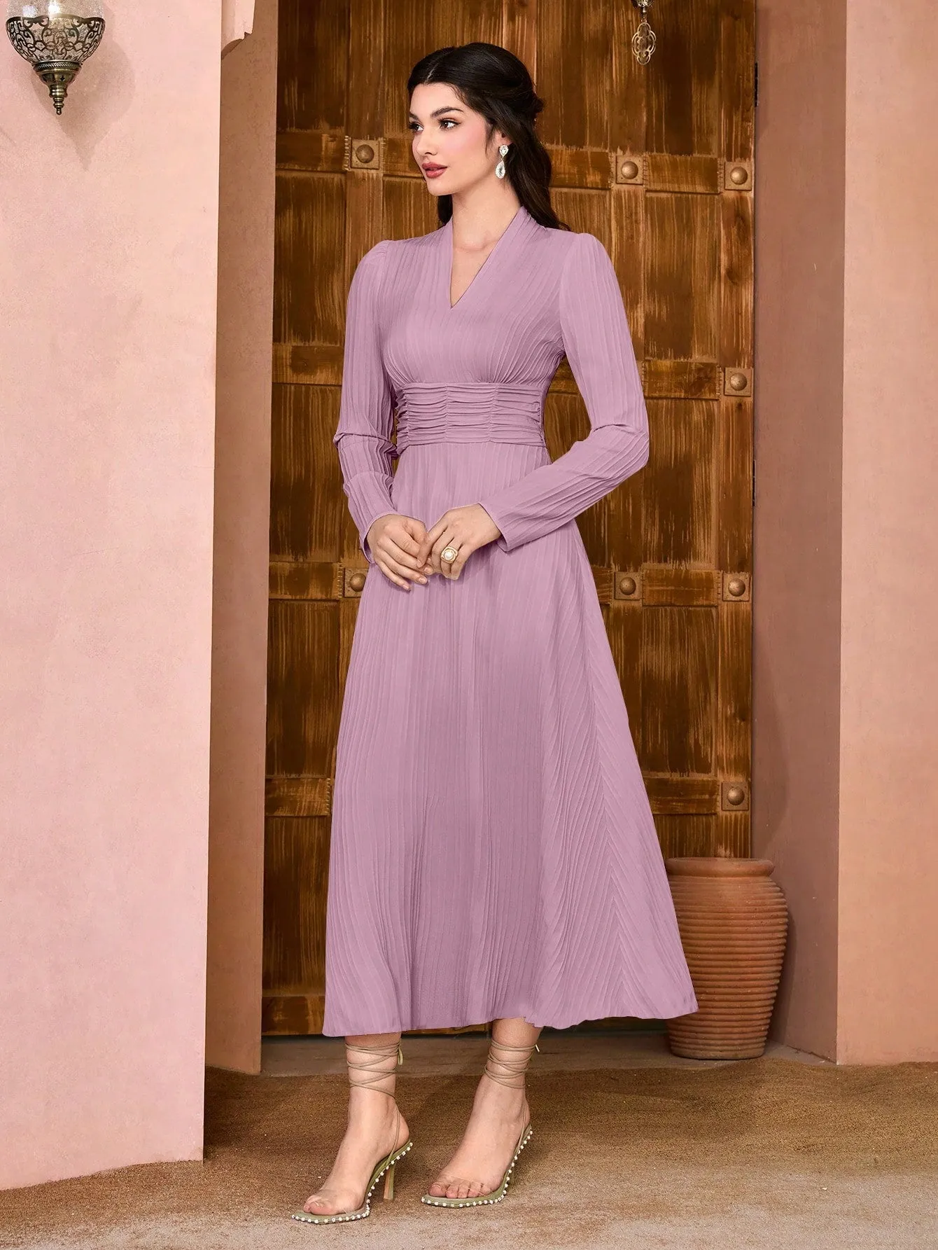 Modely Solid Surplice Neck Ruched Waist Dress