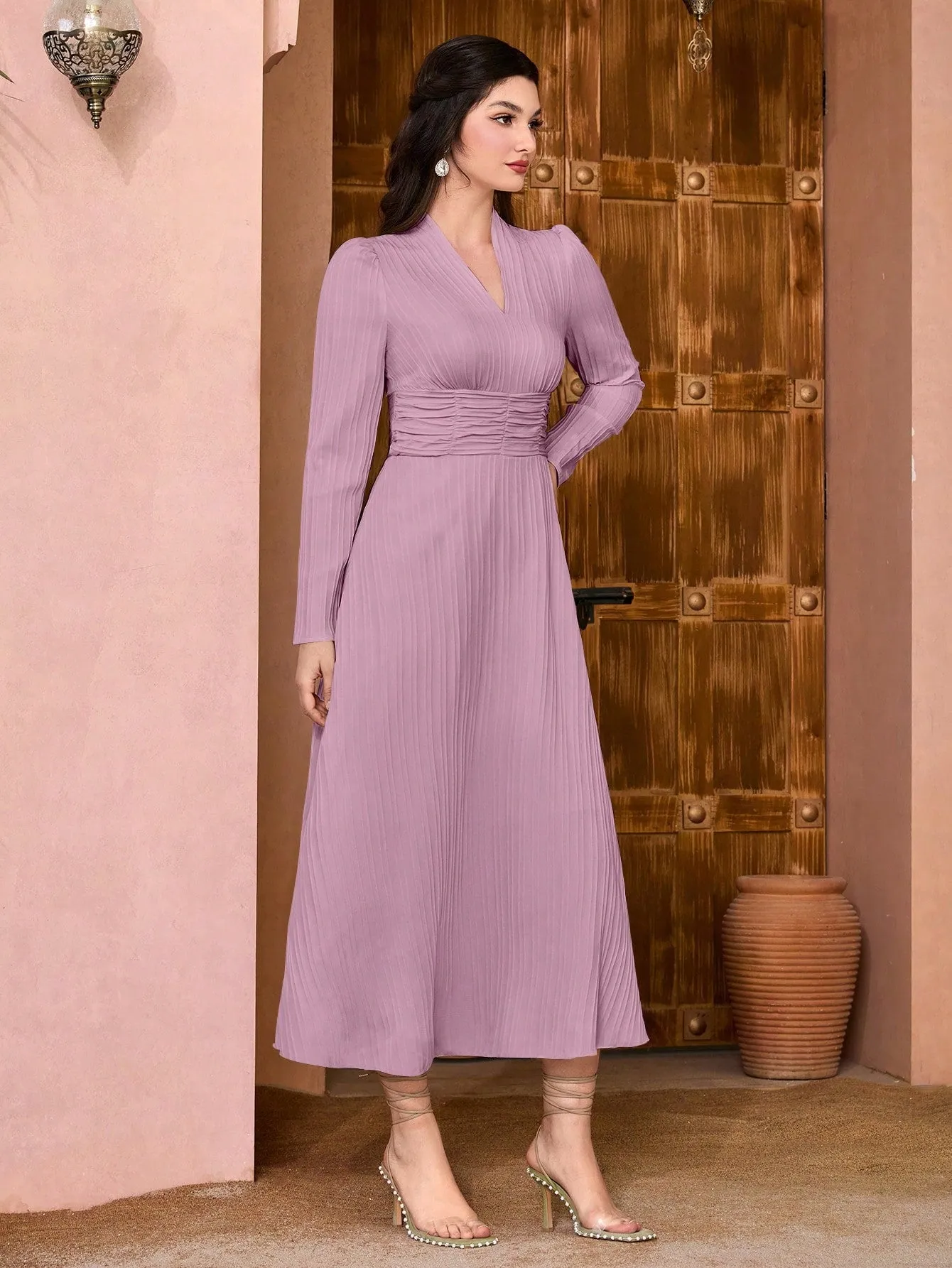 Modely Solid Surplice Neck Ruched Waist Dress