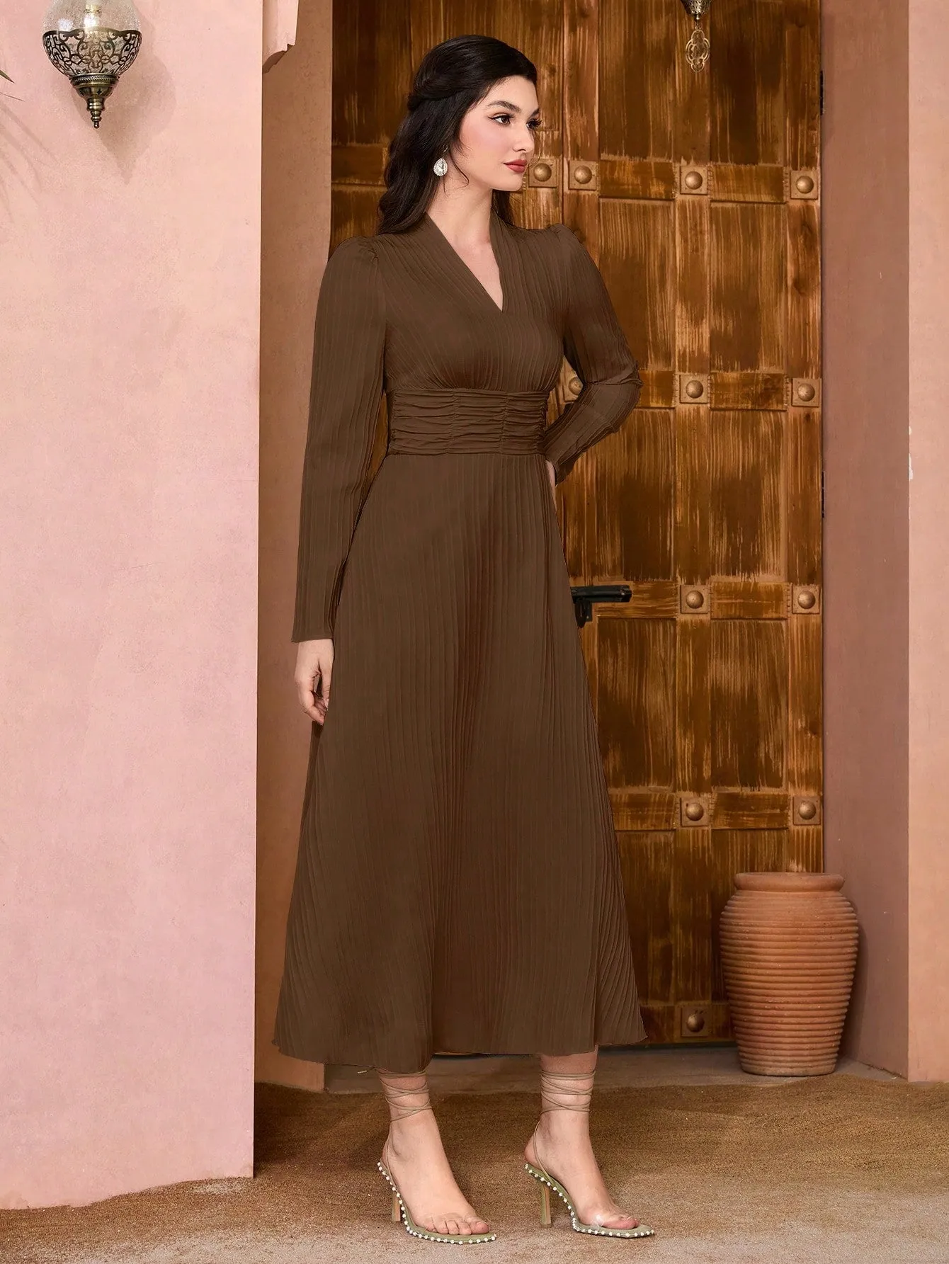 Modely Solid Surplice Neck Ruched Waist Dress