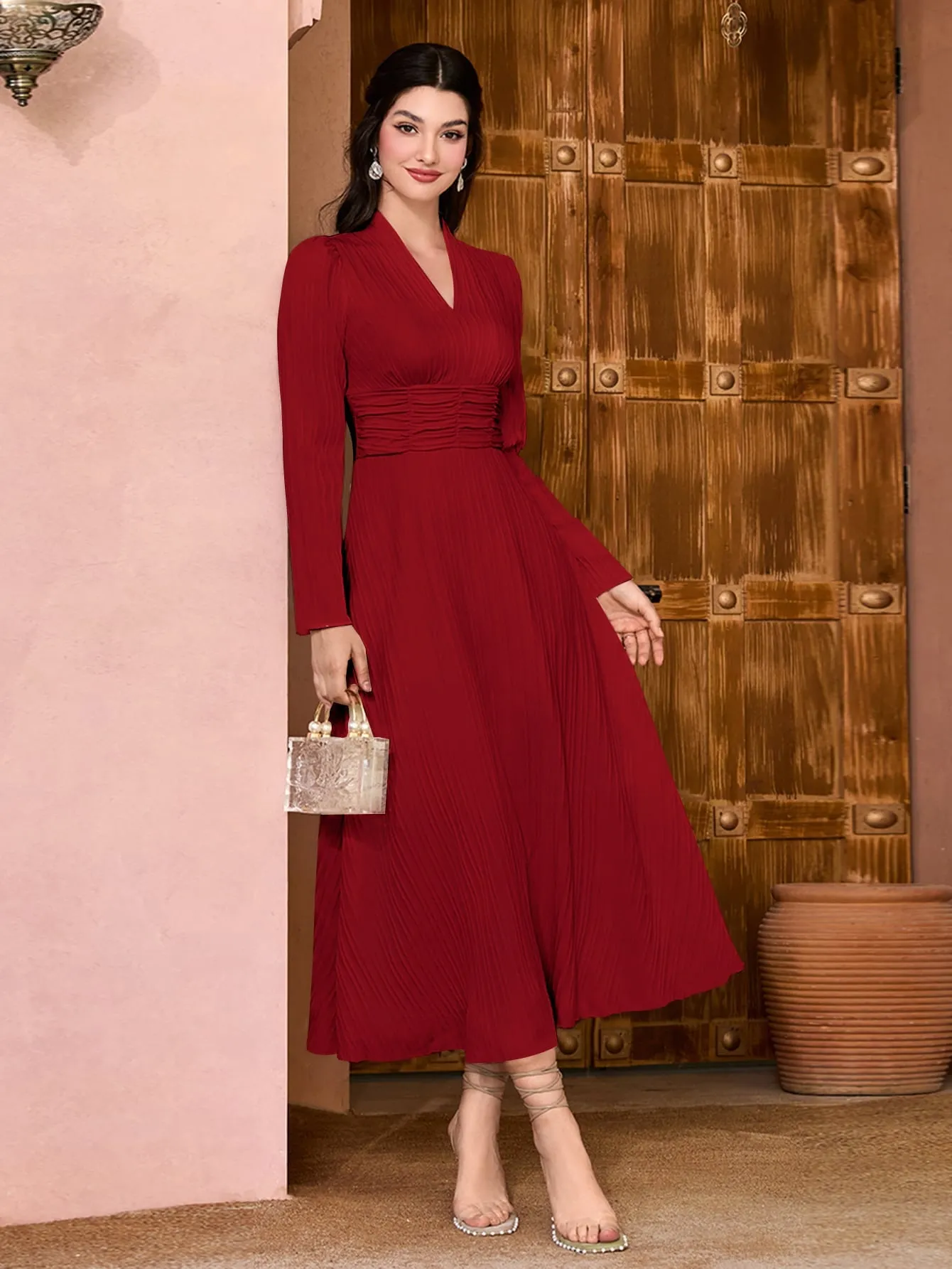 Modely Solid Surplice Neck Ruched Waist Dress