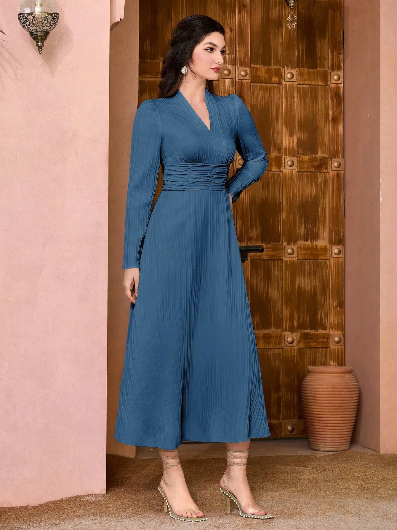Modely Solid Surplice Neck Ruched Waist Dress