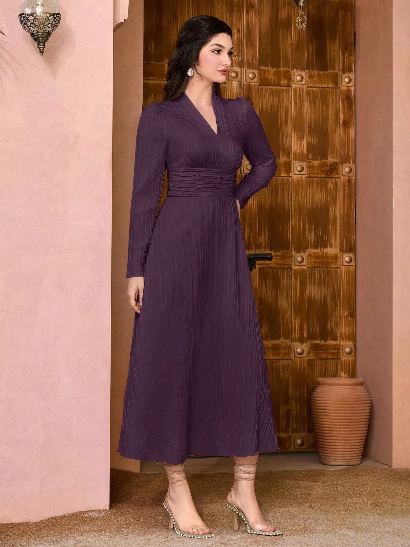 Modely Solid Surplice Neck Ruched Waist Dress