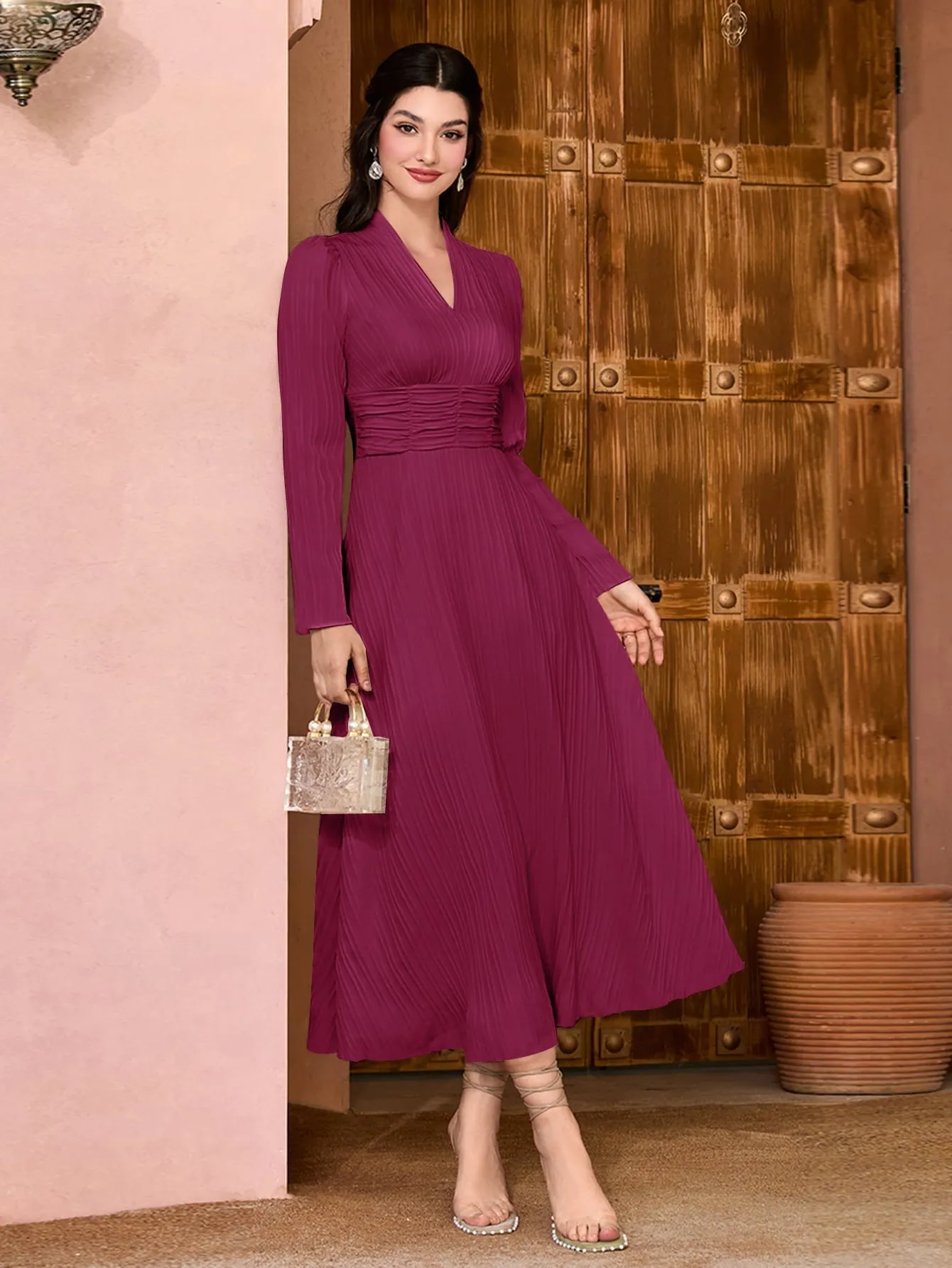 Modely Solid Surplice Neck Ruched Waist Dress