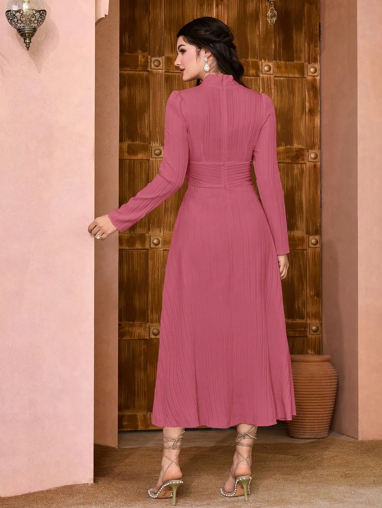 Modely Solid Surplice Neck Ruched Waist Dress