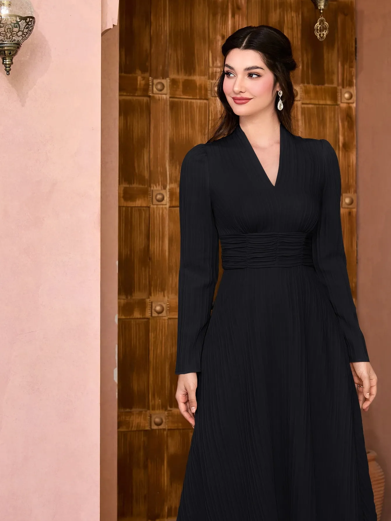 Modely Solid Surplice Neck Ruched Waist Dress