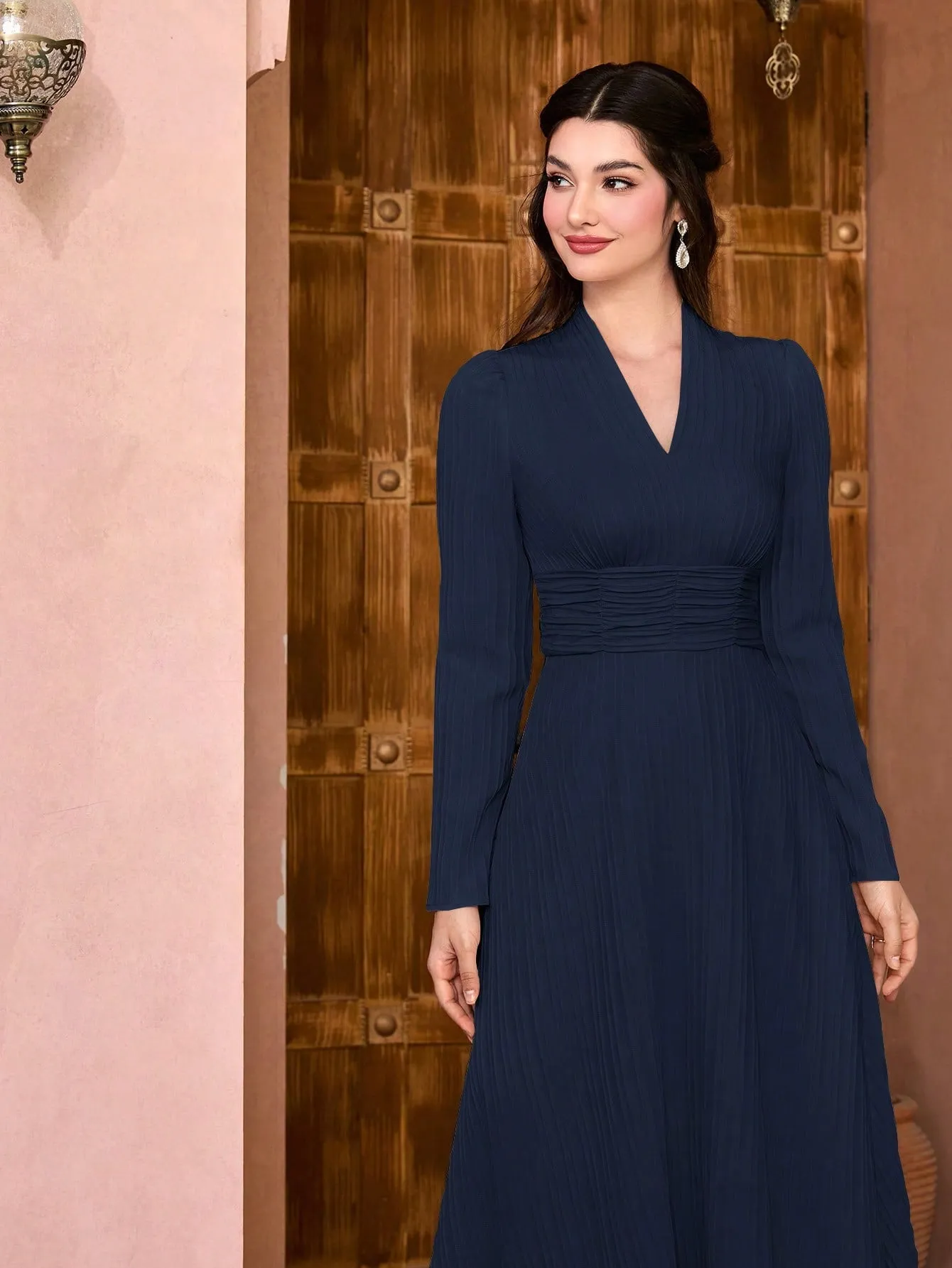 Modely Solid Surplice Neck Ruched Waist Dress