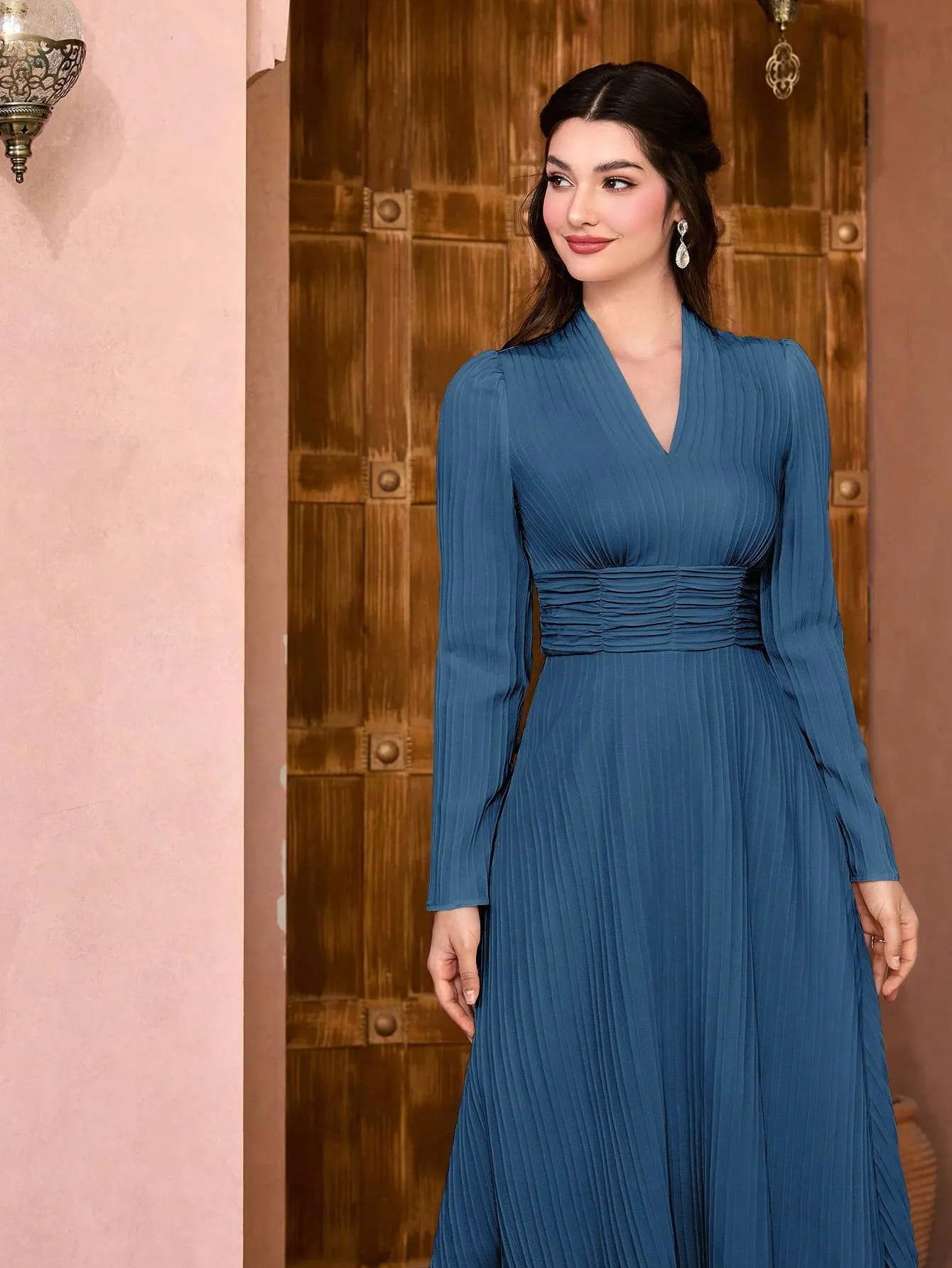 Modely Solid Surplice Neck Ruched Waist Dress