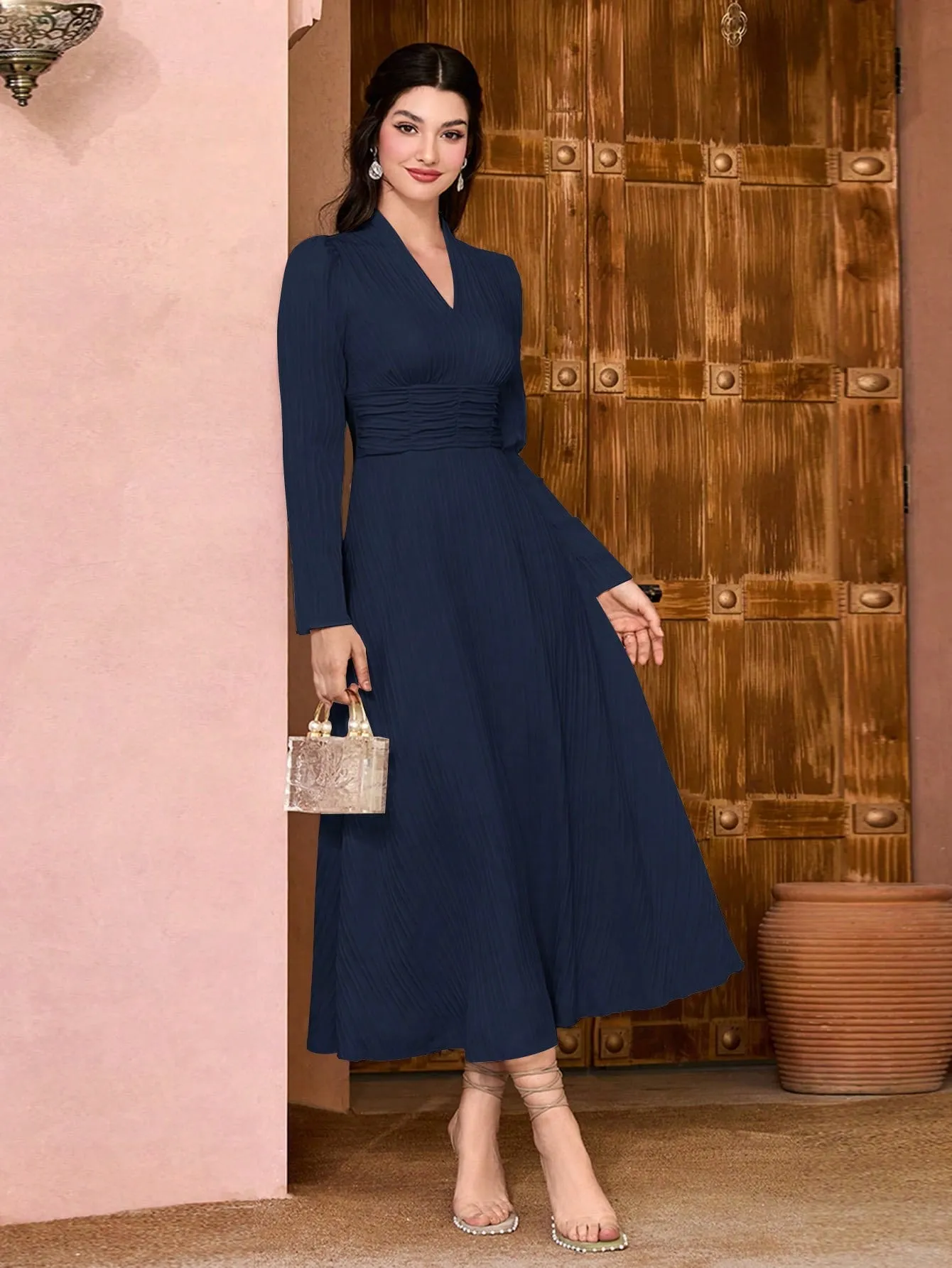 Modely Solid Surplice Neck Ruched Waist Dress