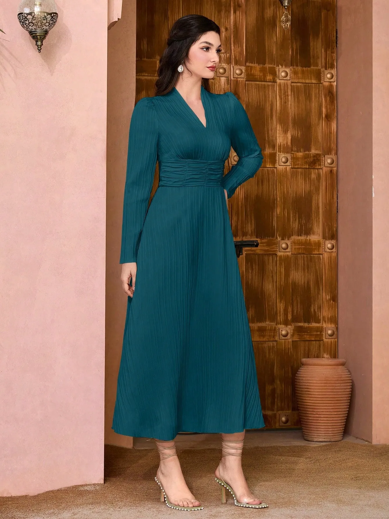 Modely Solid Surplice Neck Ruched Waist Dress