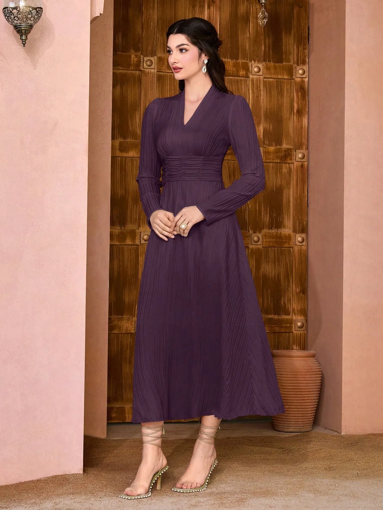 Modely Solid Surplice Neck Ruched Waist Dress