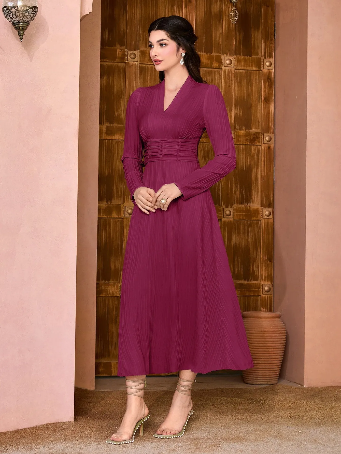 Modely Solid Surplice Neck Ruched Waist Dress