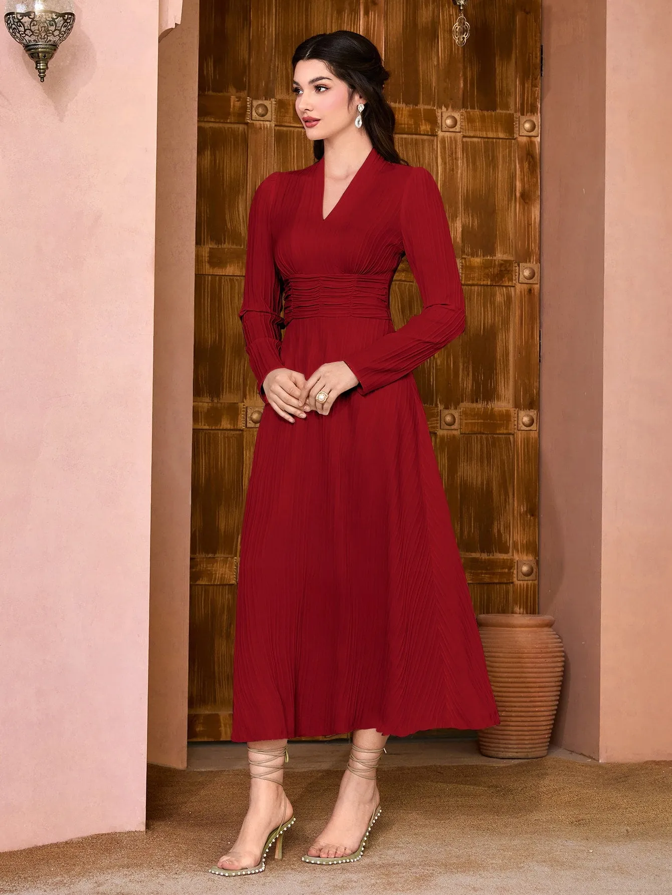 Modely Solid Surplice Neck Ruched Waist Dress
