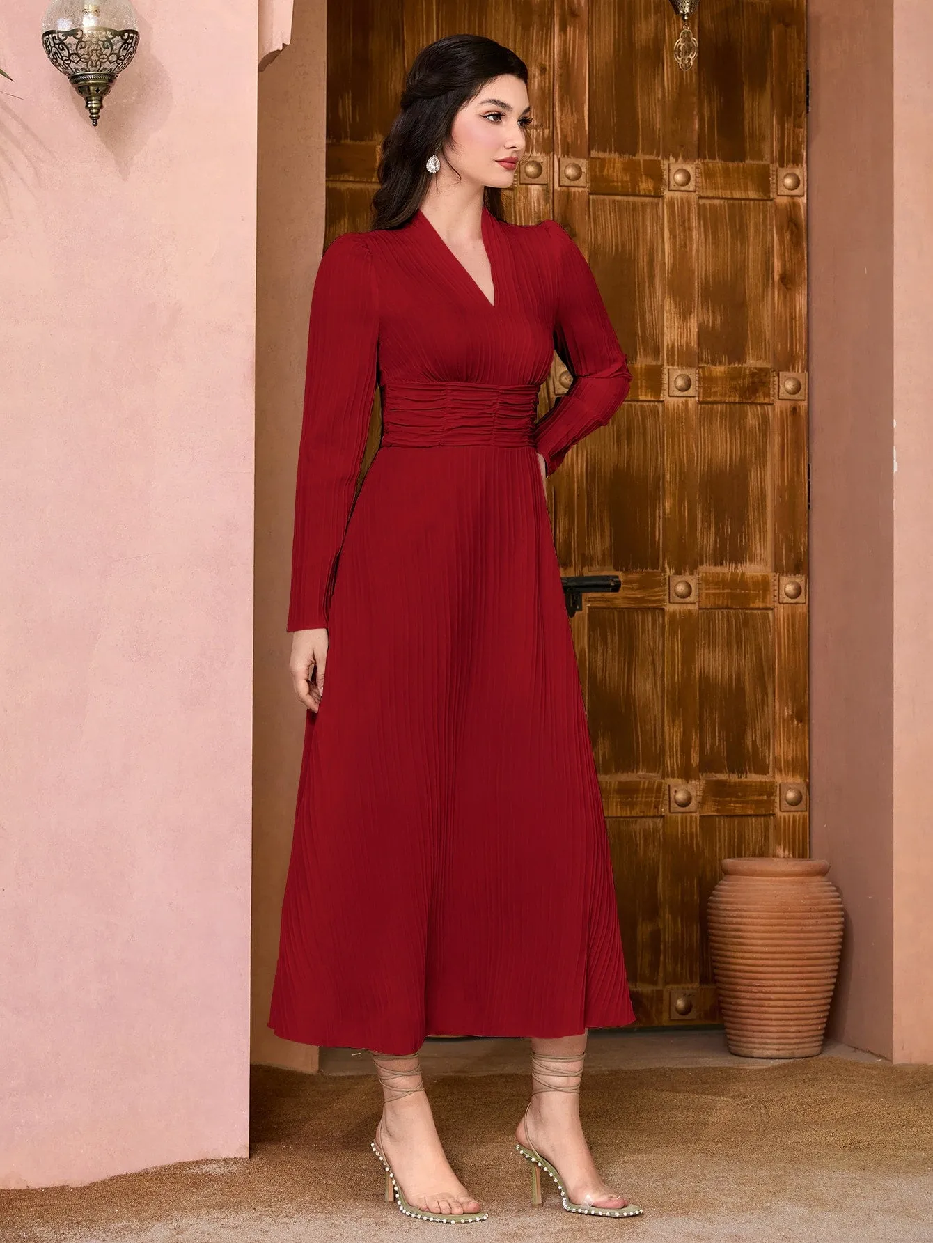 Modely Solid Surplice Neck Ruched Waist Dress
