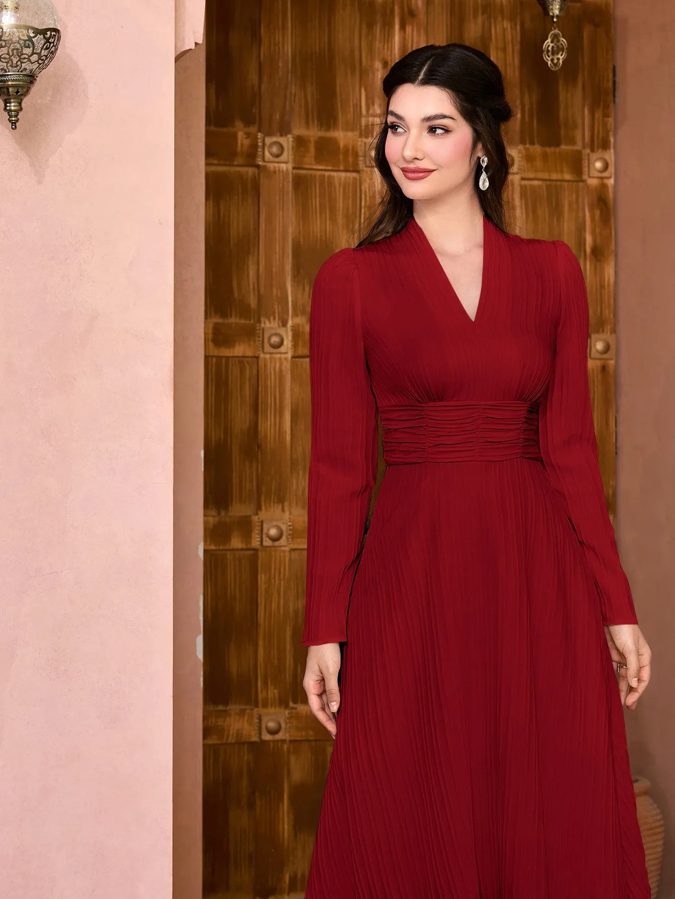 Modely Solid Surplice Neck Ruched Waist Dress
