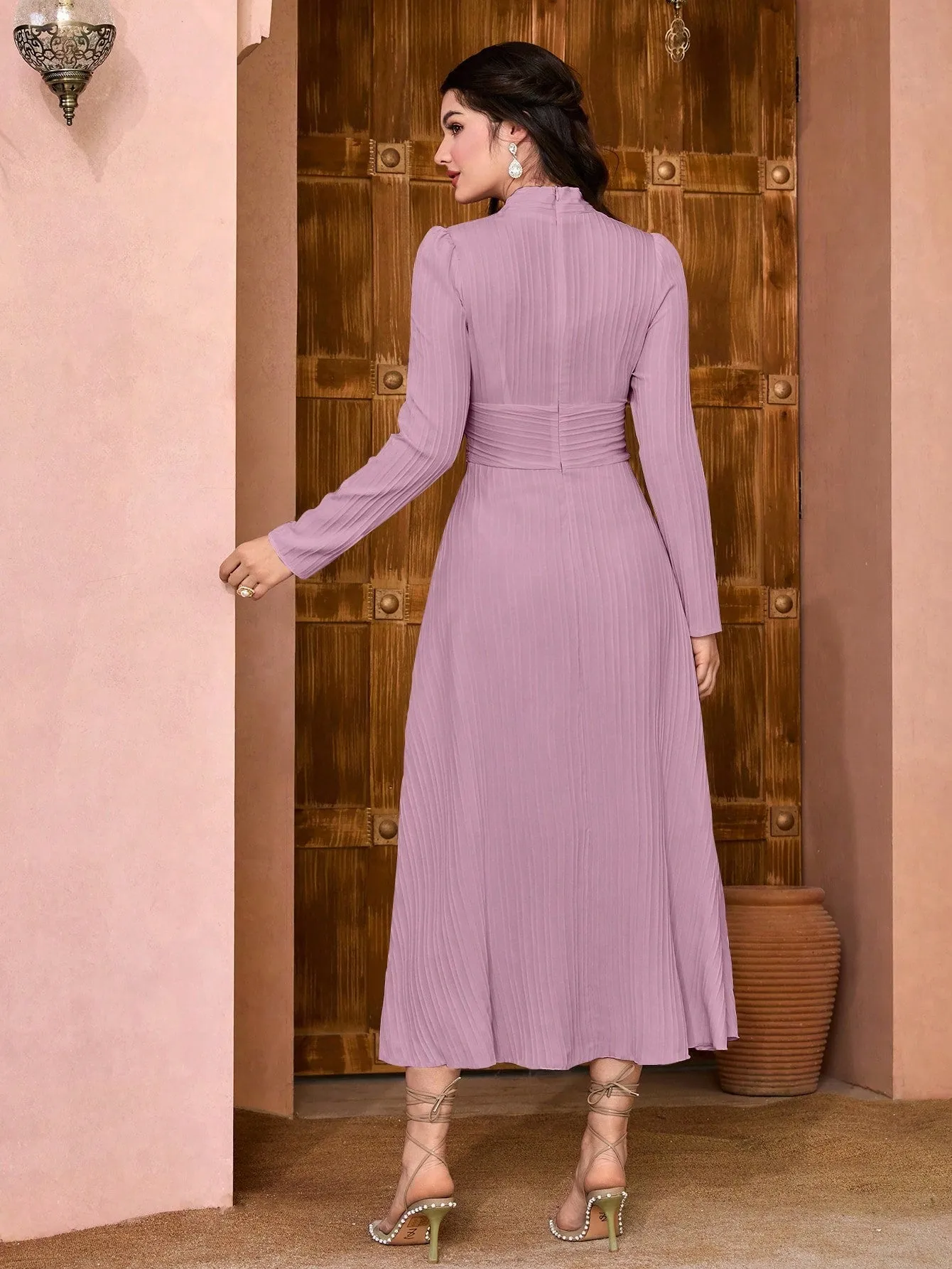 Modely Solid Surplice Neck Ruched Waist Dress
