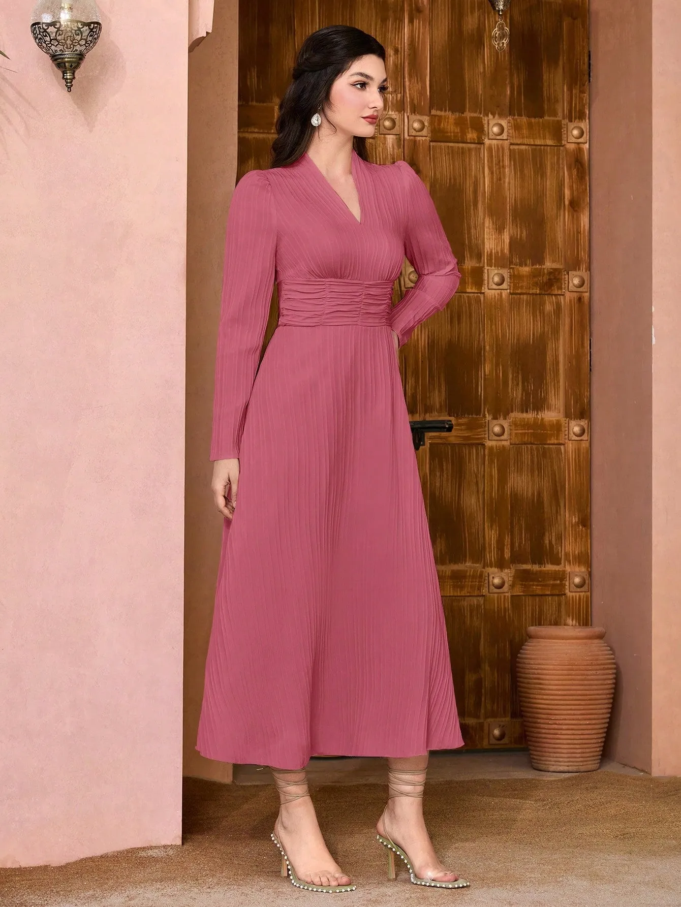 Modely Solid Surplice Neck Ruched Waist Dress