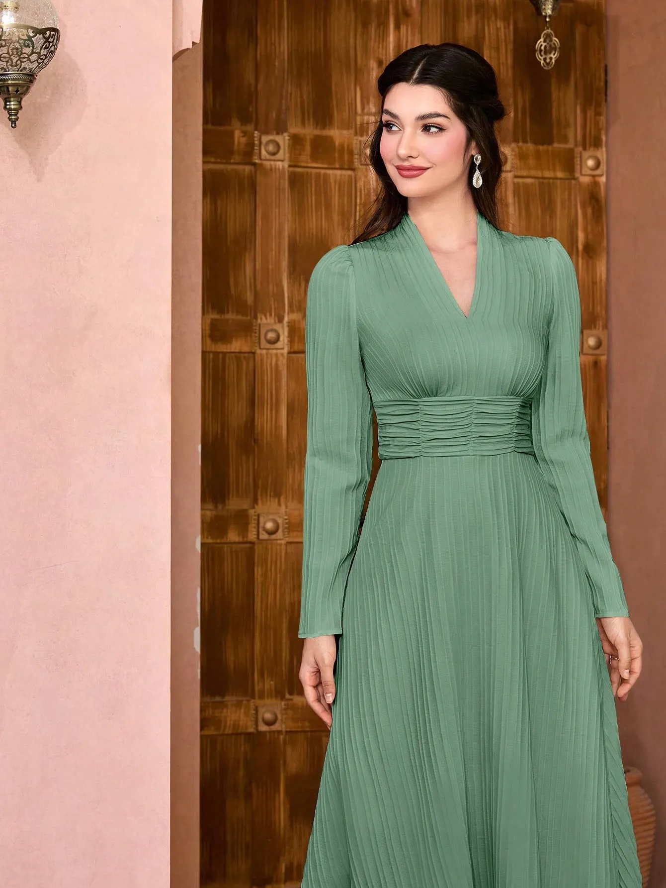Modely Solid Surplice Neck Ruched Waist Dress