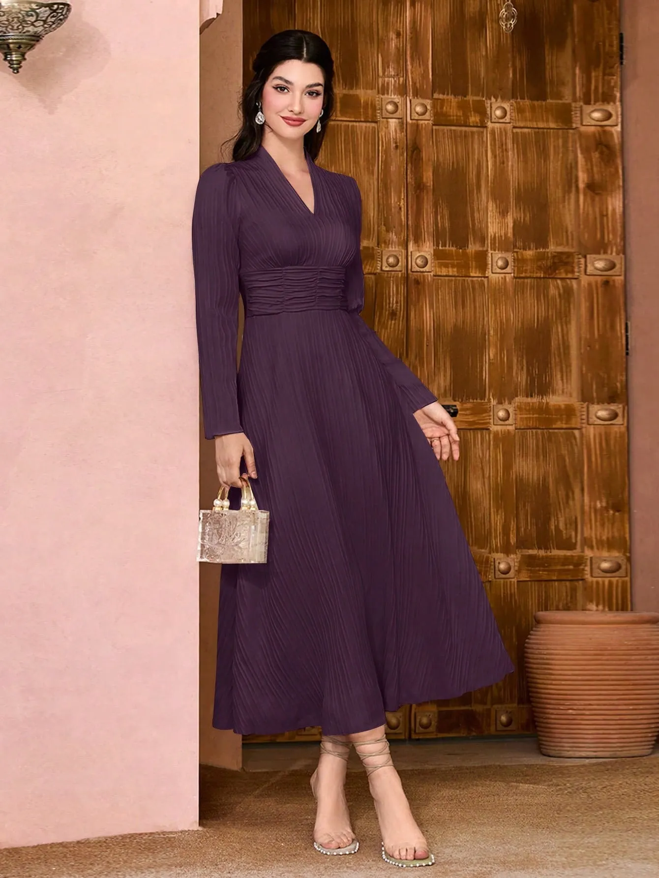 Modely Solid Surplice Neck Ruched Waist Dress