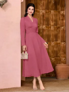 Modely Solid Surplice Neck Ruched Waist Dress