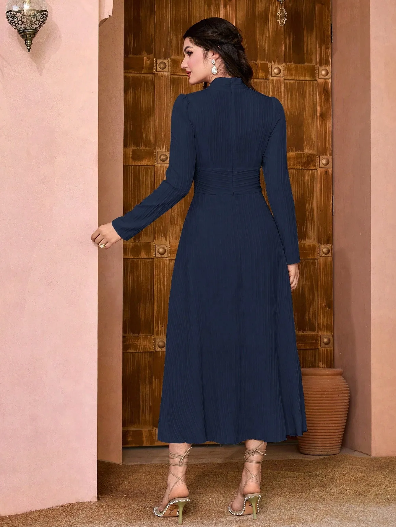 Modely Solid Surplice Neck Ruched Waist Dress