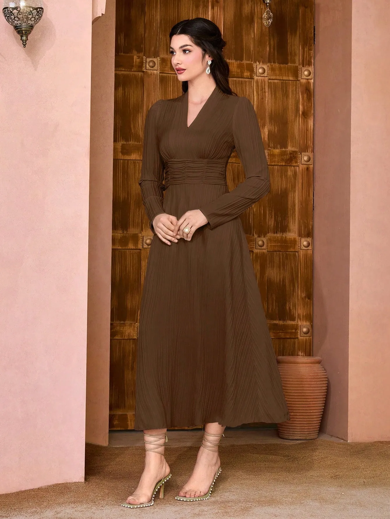 Modely Solid Surplice Neck Ruched Waist Dress