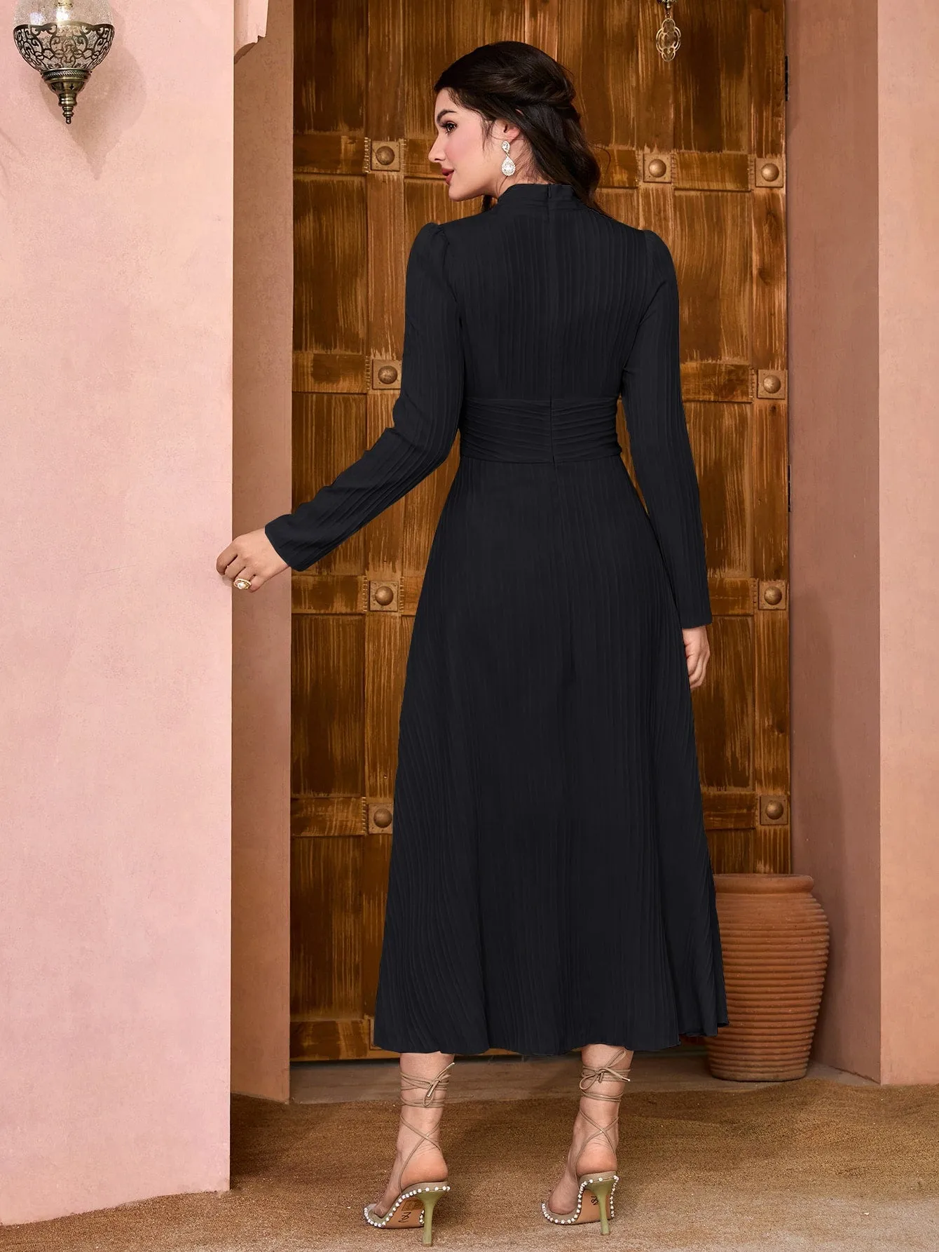 Modely Solid Surplice Neck Ruched Waist Dress