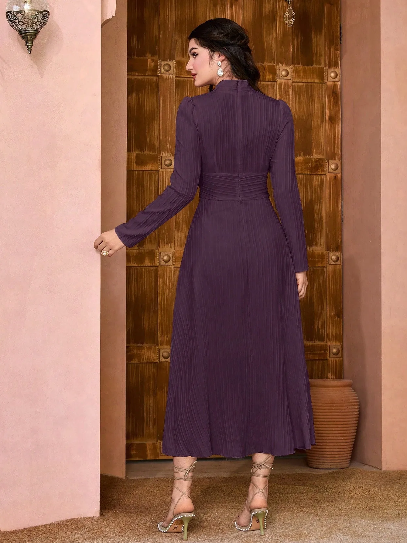 Modely Solid Surplice Neck Ruched Waist Dress