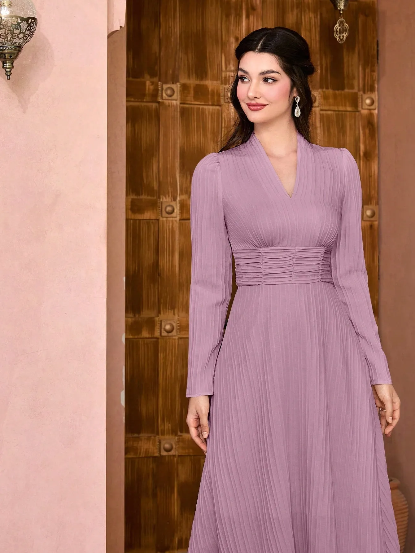 Modely Solid Surplice Neck Ruched Waist Dress