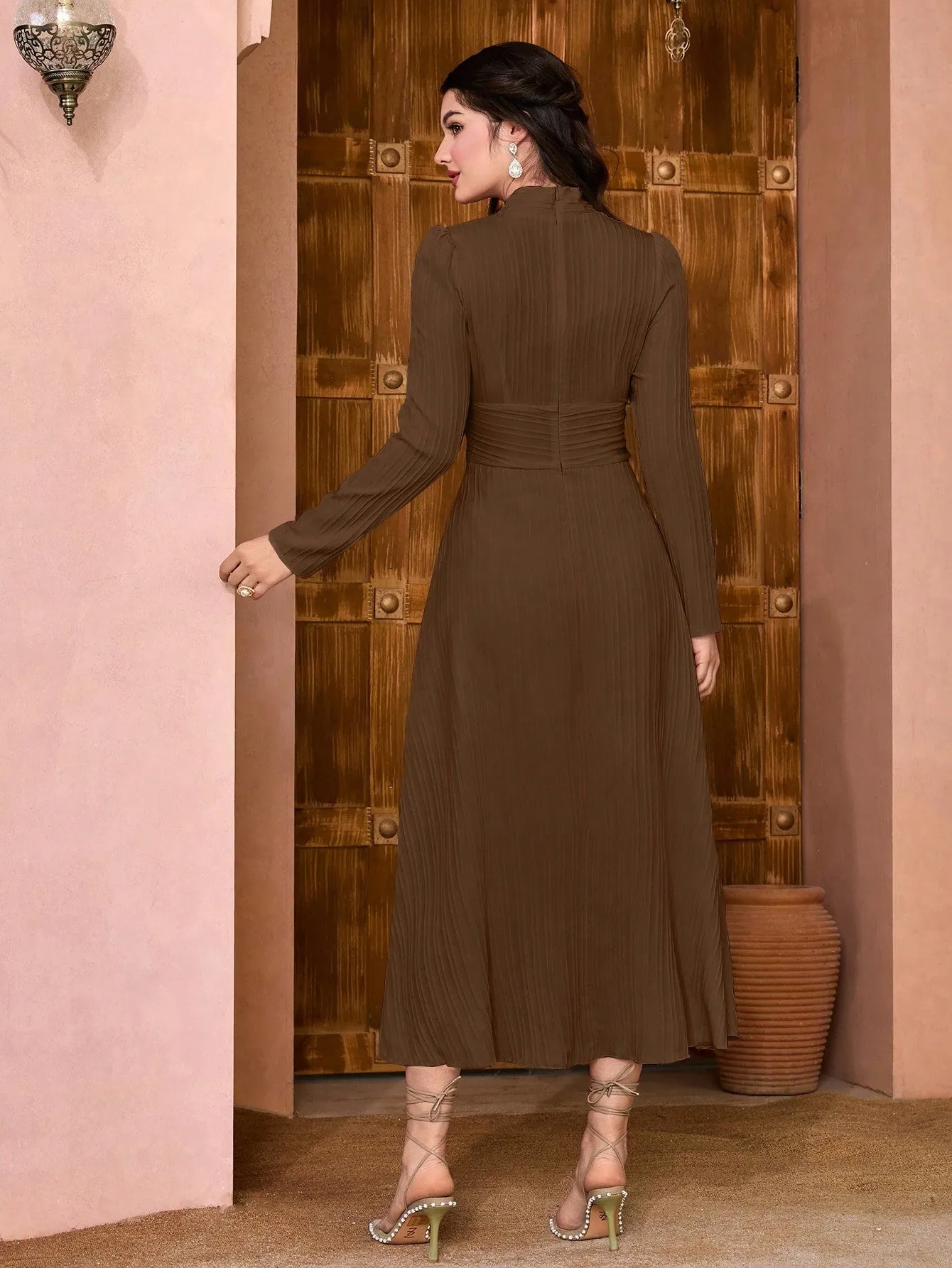 Modely Solid Surplice Neck Ruched Waist Dress