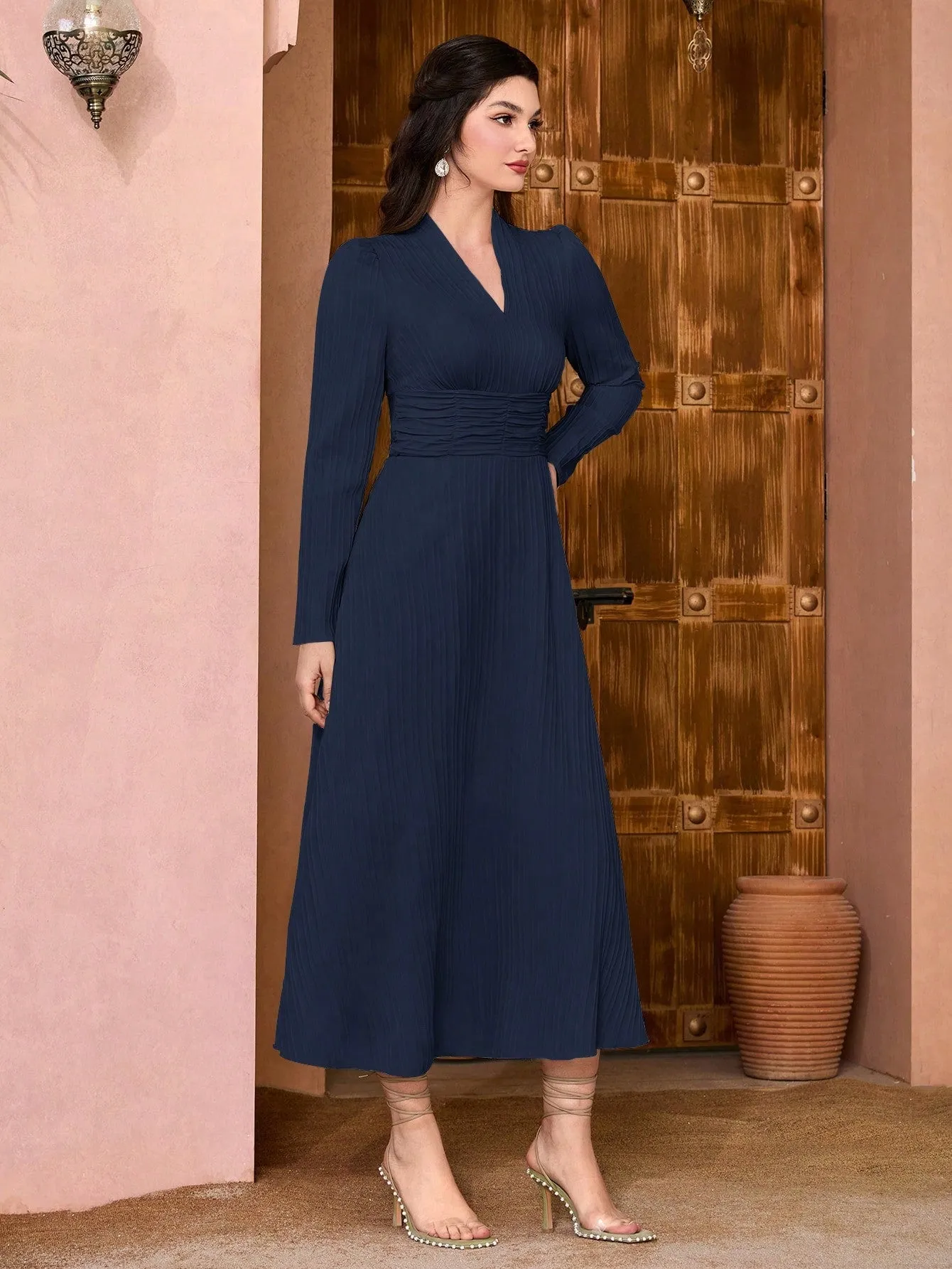 Modely Solid Surplice Neck Ruched Waist Dress