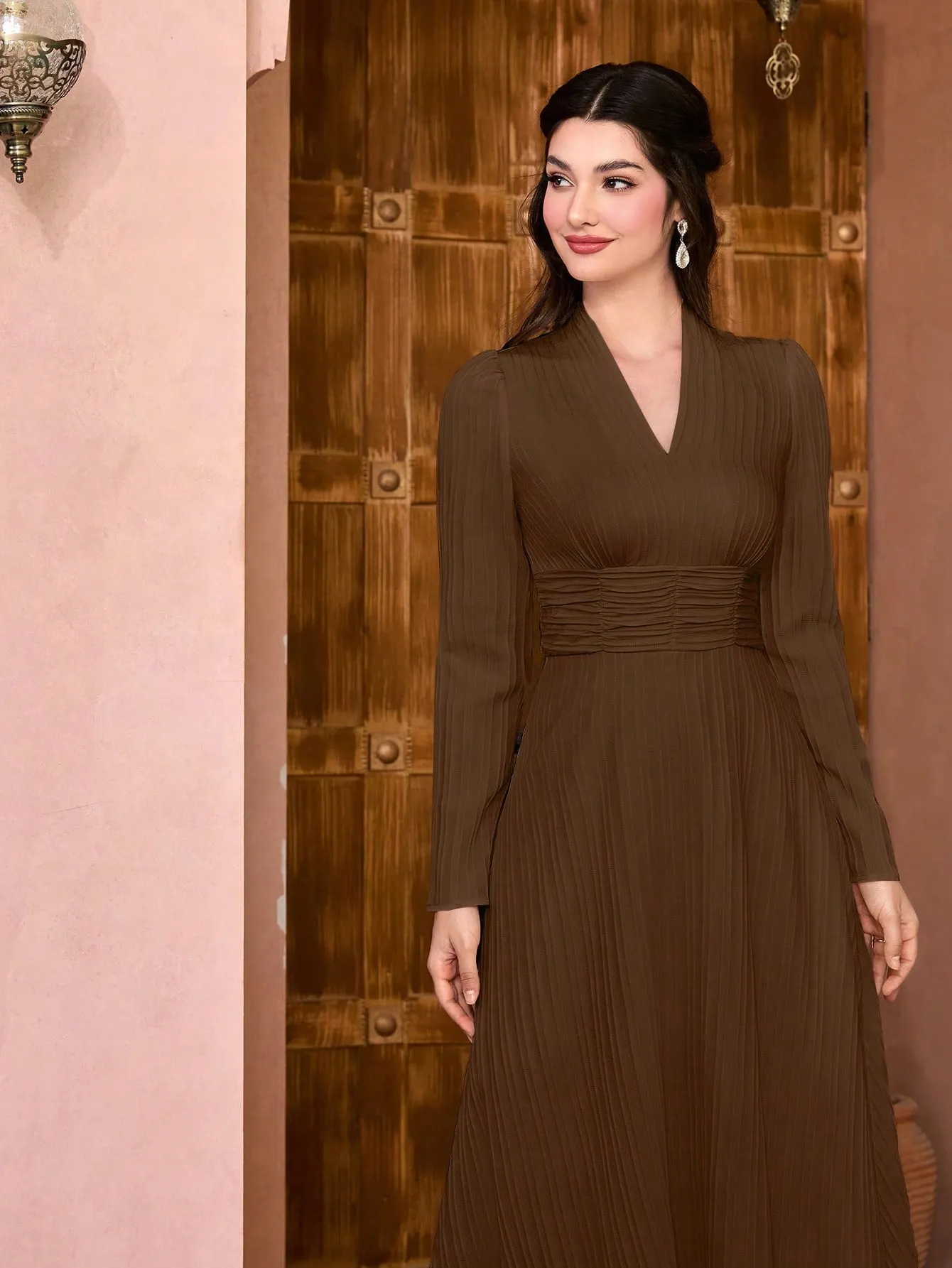 Modely Solid Surplice Neck Ruched Waist Dress
