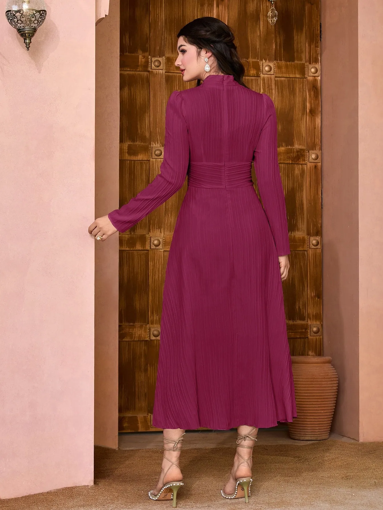 Modely Solid Surplice Neck Ruched Waist Dress