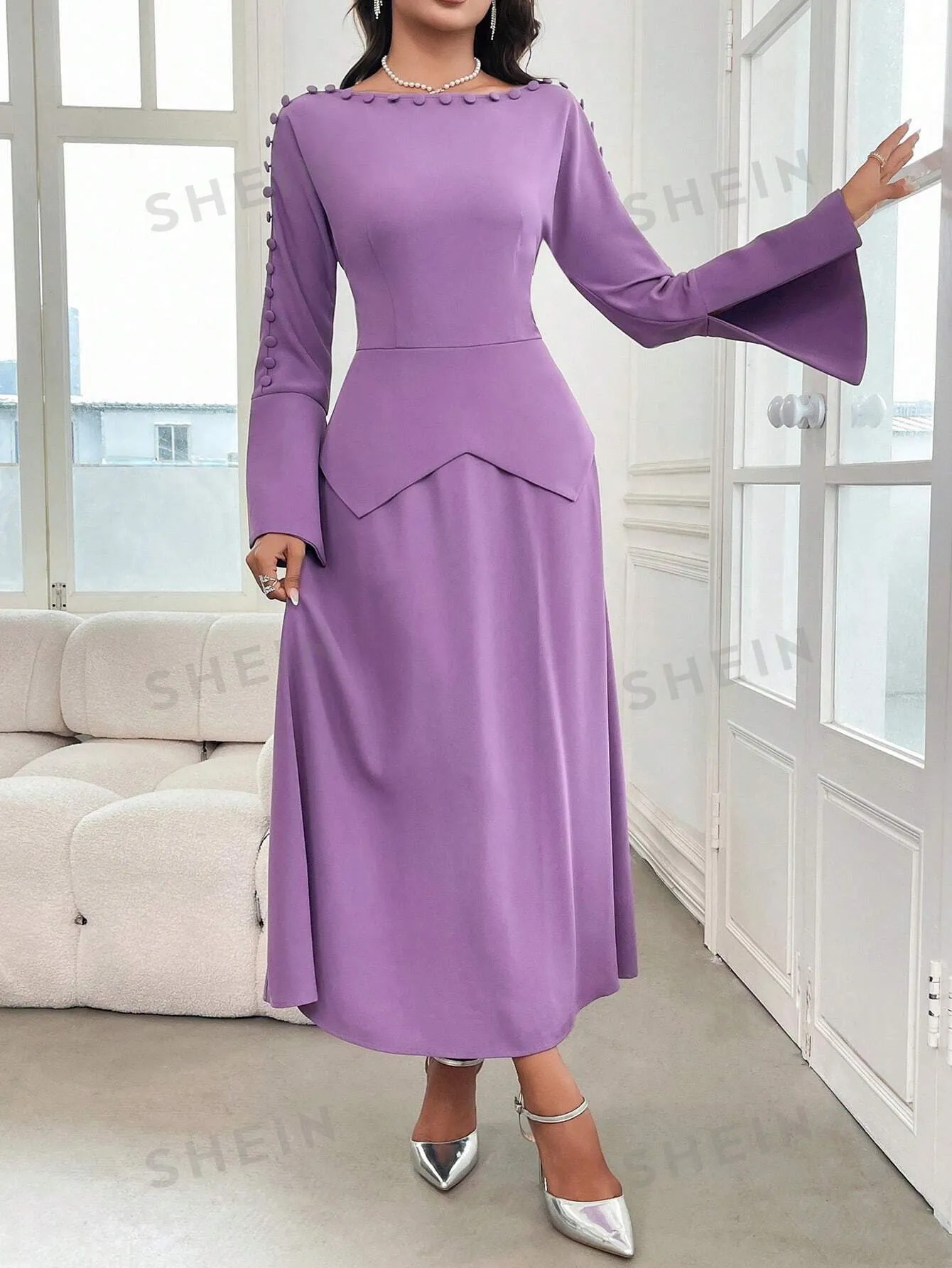 Modely Women's Solid Crew Neck Zip-Up Long Sleeve Elegant Dress