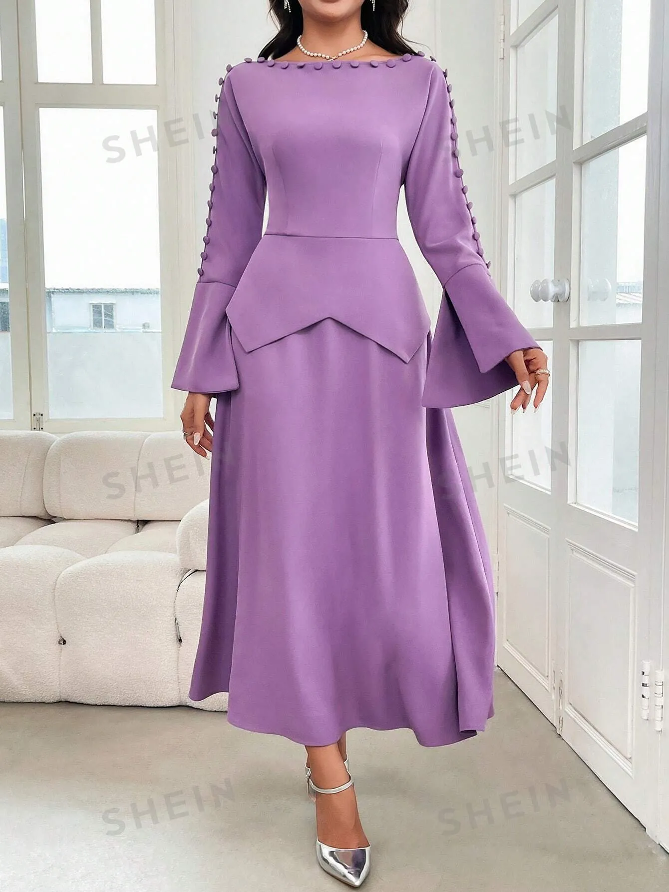 Modely Women's Solid Crew Neck Zip-Up Long Sleeve Elegant Dress